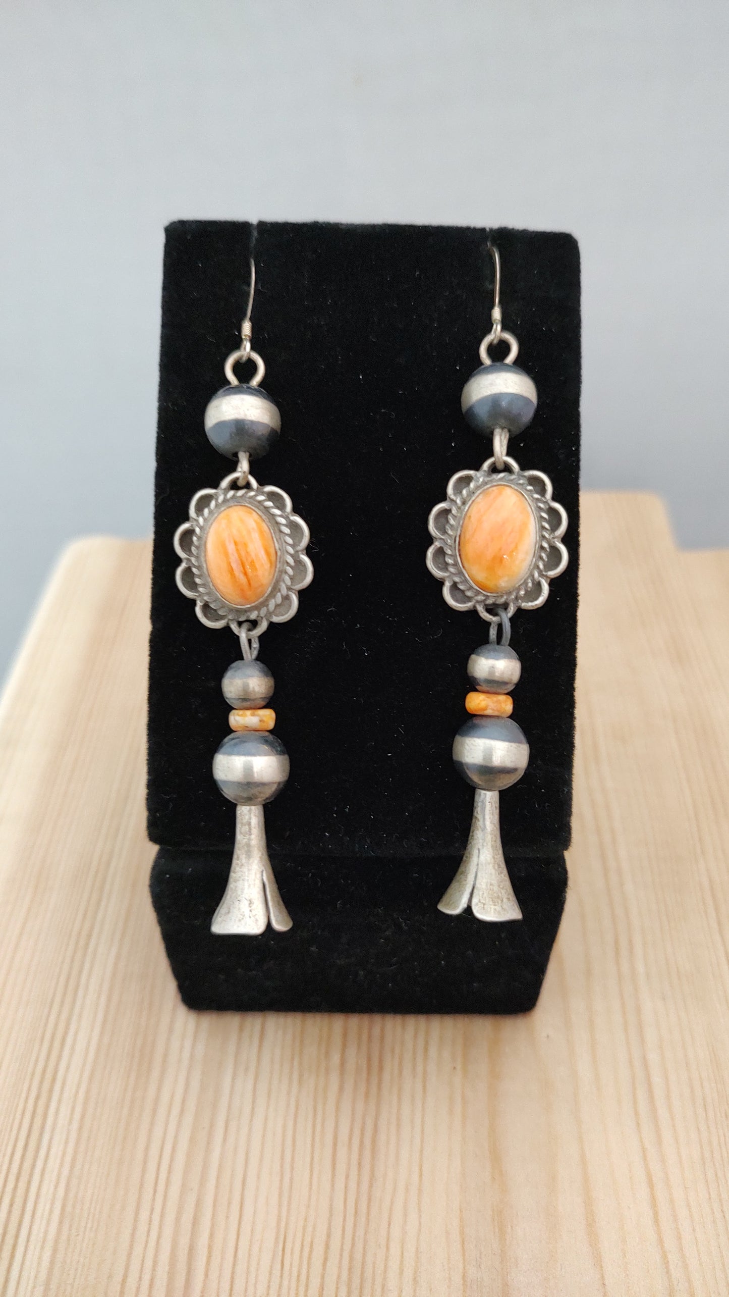Oval Spiny Oyster with Buckin Pearls and Squash Blossom on Hook Earrings