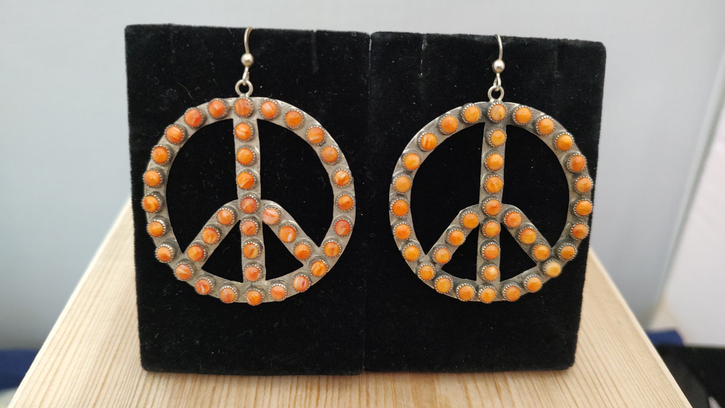 Large Peace Sign with Spiny Oyster on Hook Earrings