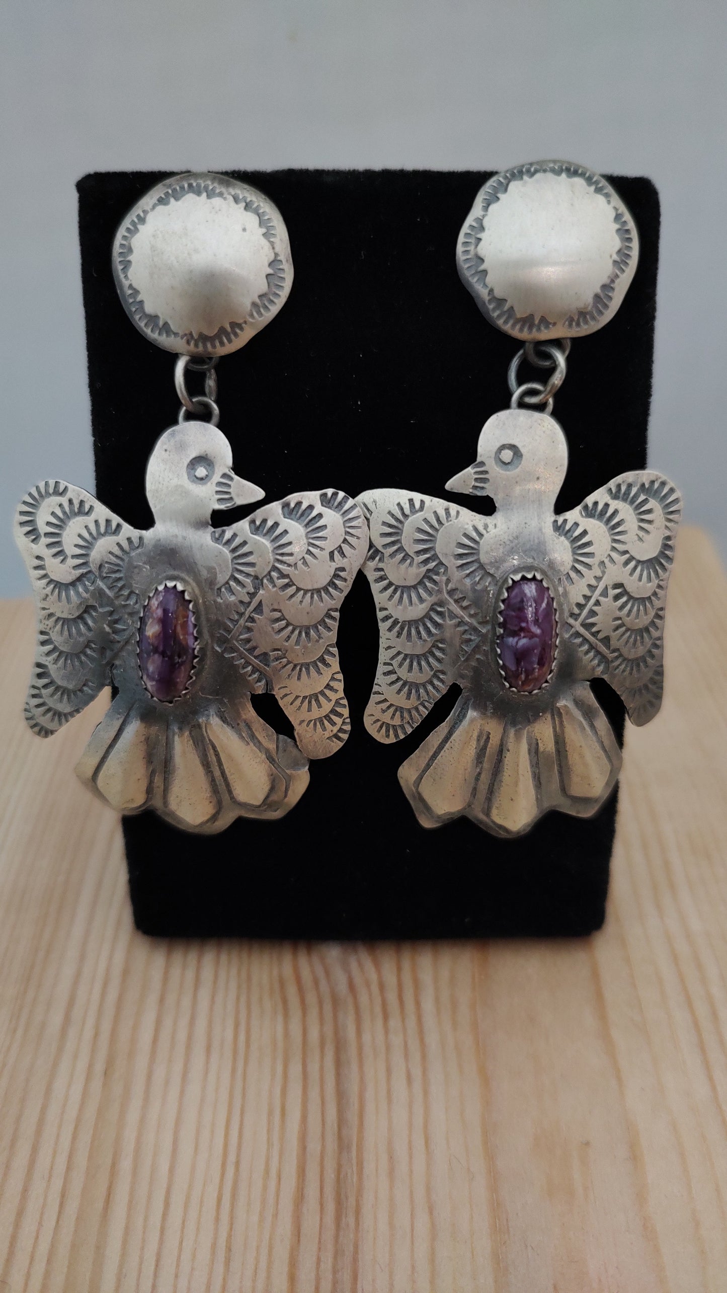 Sterling Silver Bird with Purple Spiny Oyster Earrings