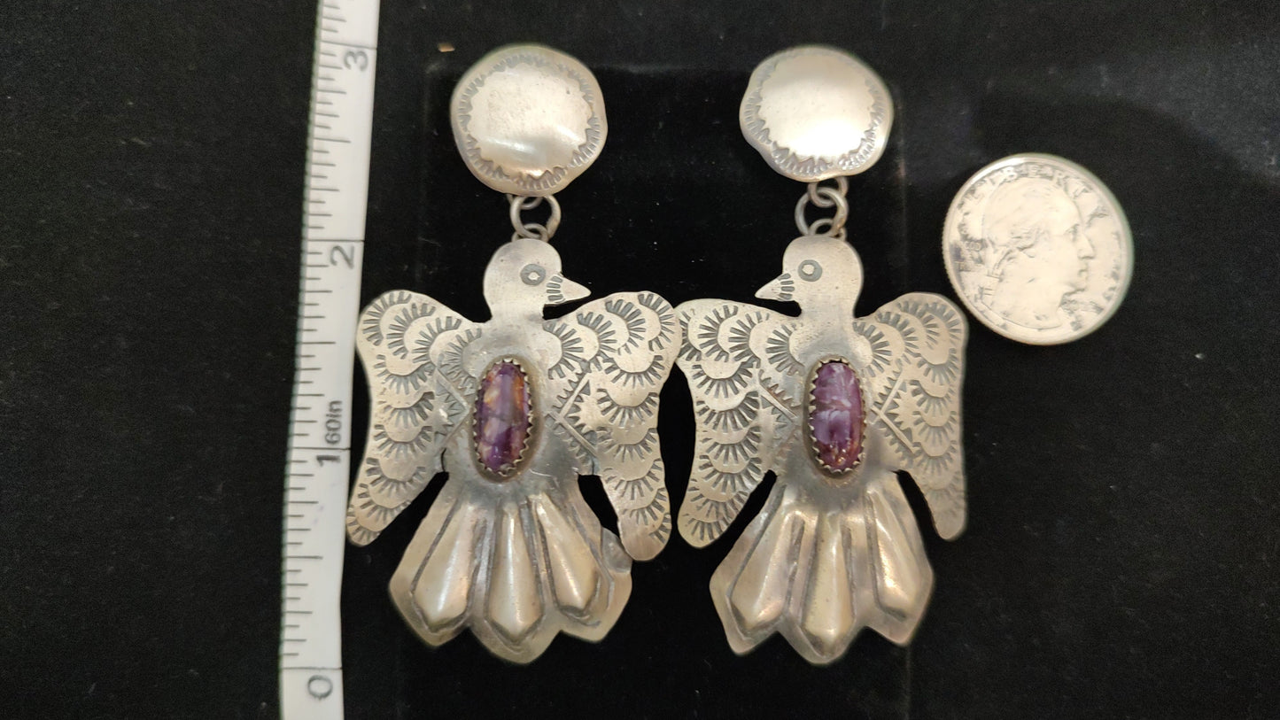 Sterling Silver Bird with Purple Spiny Oyster Earrings