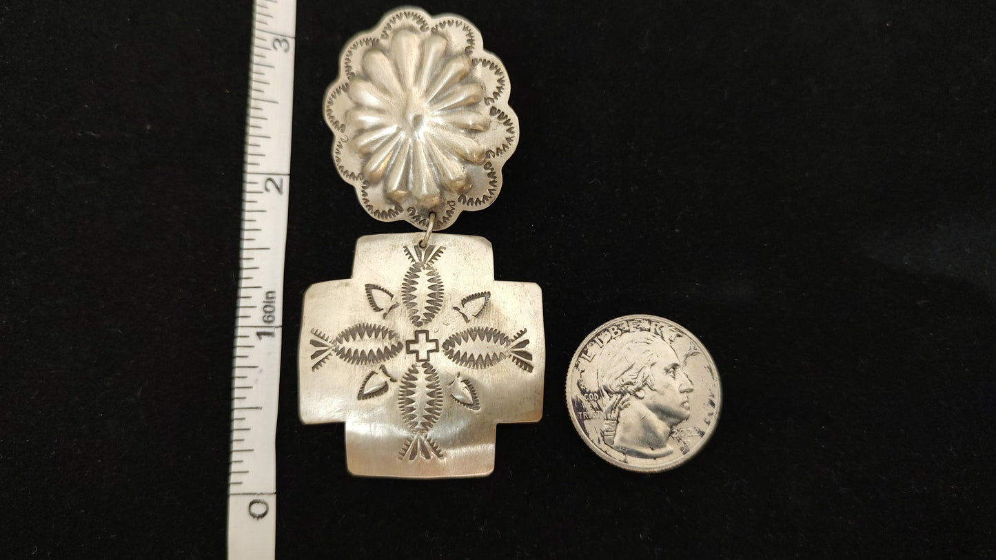 Silver Concho with a Cross Dangling on a Post Earrings
