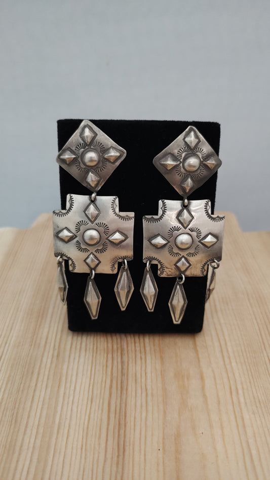 Cross with Dangling Diamond Shape Silver on a Post Earrings