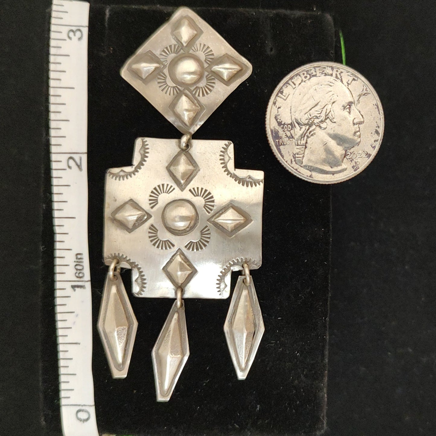 Cross with Dangling Diamond Shape Silver on a Post Earrings