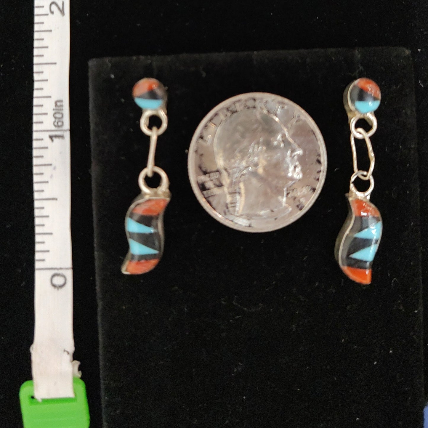 Coral, Black Jet, and Turquoise Inlay in Post Dangle Earrings