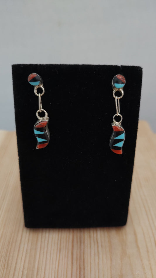 Coral, Black Jet, and Turquoise Inlay in Post Dangle Earrings