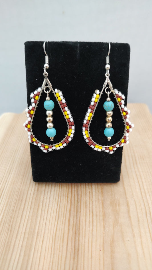 Seed Bead Teardrop Dangle with Turquoise on Hook Earrings