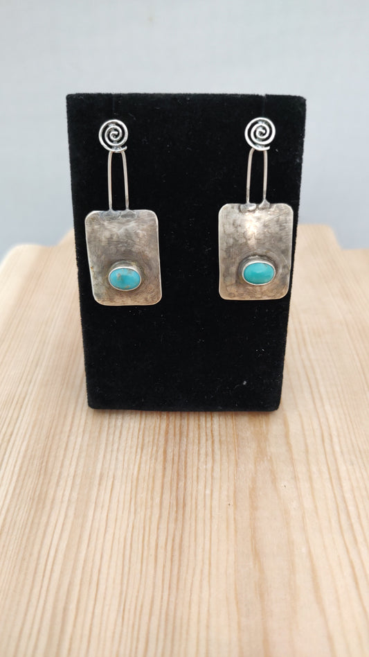 Kingman Turquoise on Silver Rectangles Dangling from Swirl Post Earrings