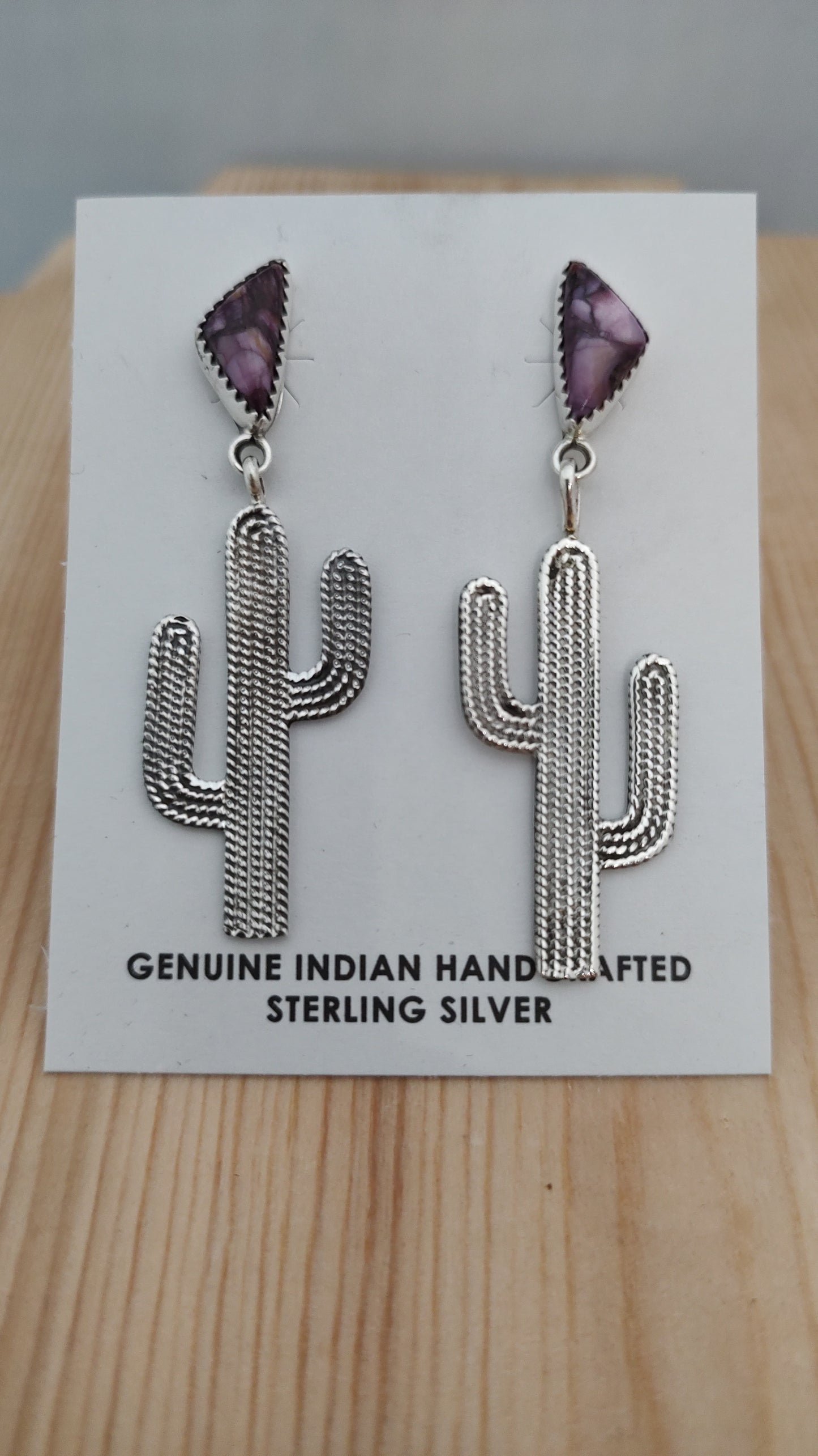 Purple Spiny Oyster with Dangling Silver Rope Cactus on Post Earrings
