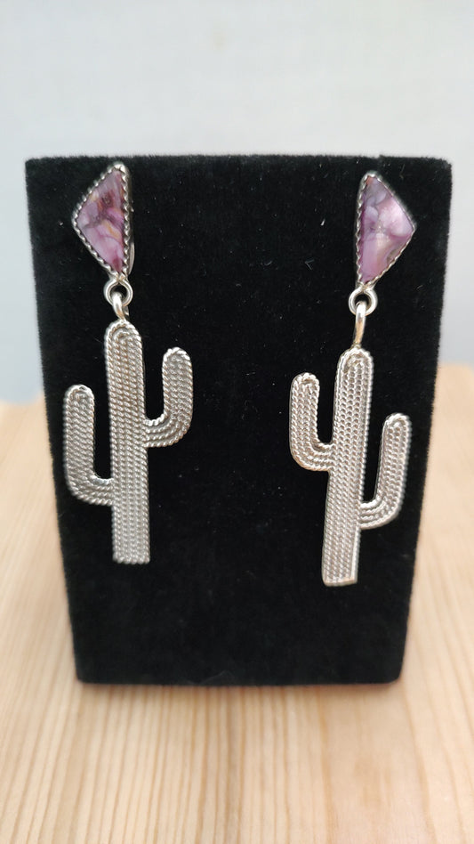 Purple Spiny Oyster with Dangling Silver Rope Cactus on Post Earrings