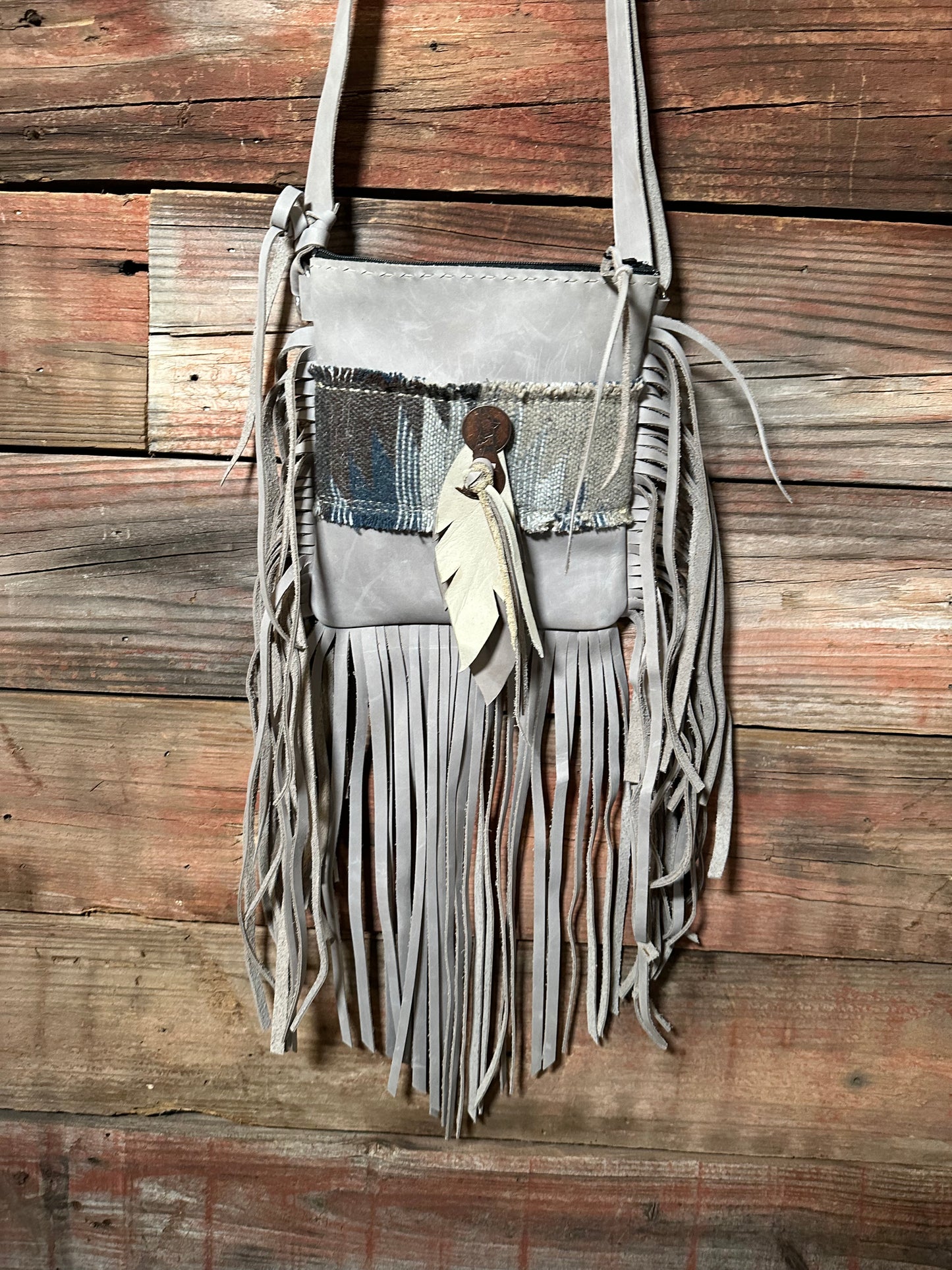 Gray Leather Purse with Fringe