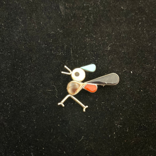 Mother of Pearl, Coral, Black Jet, and Sleeping Beauty Turquoise Inlay on a Roadrunner Pin/Brooch/Pendant