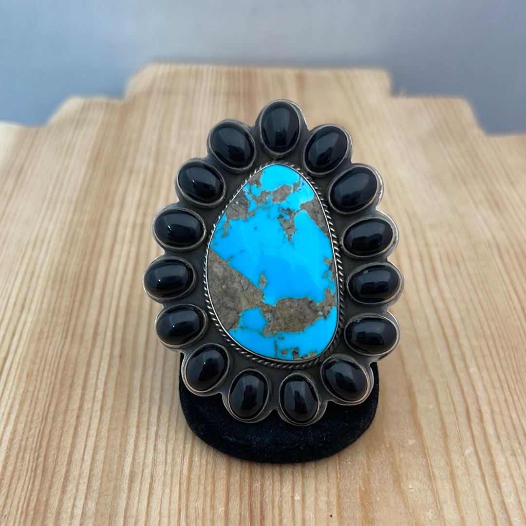 Kingman Turquoise and Onyx Adjustable Ring