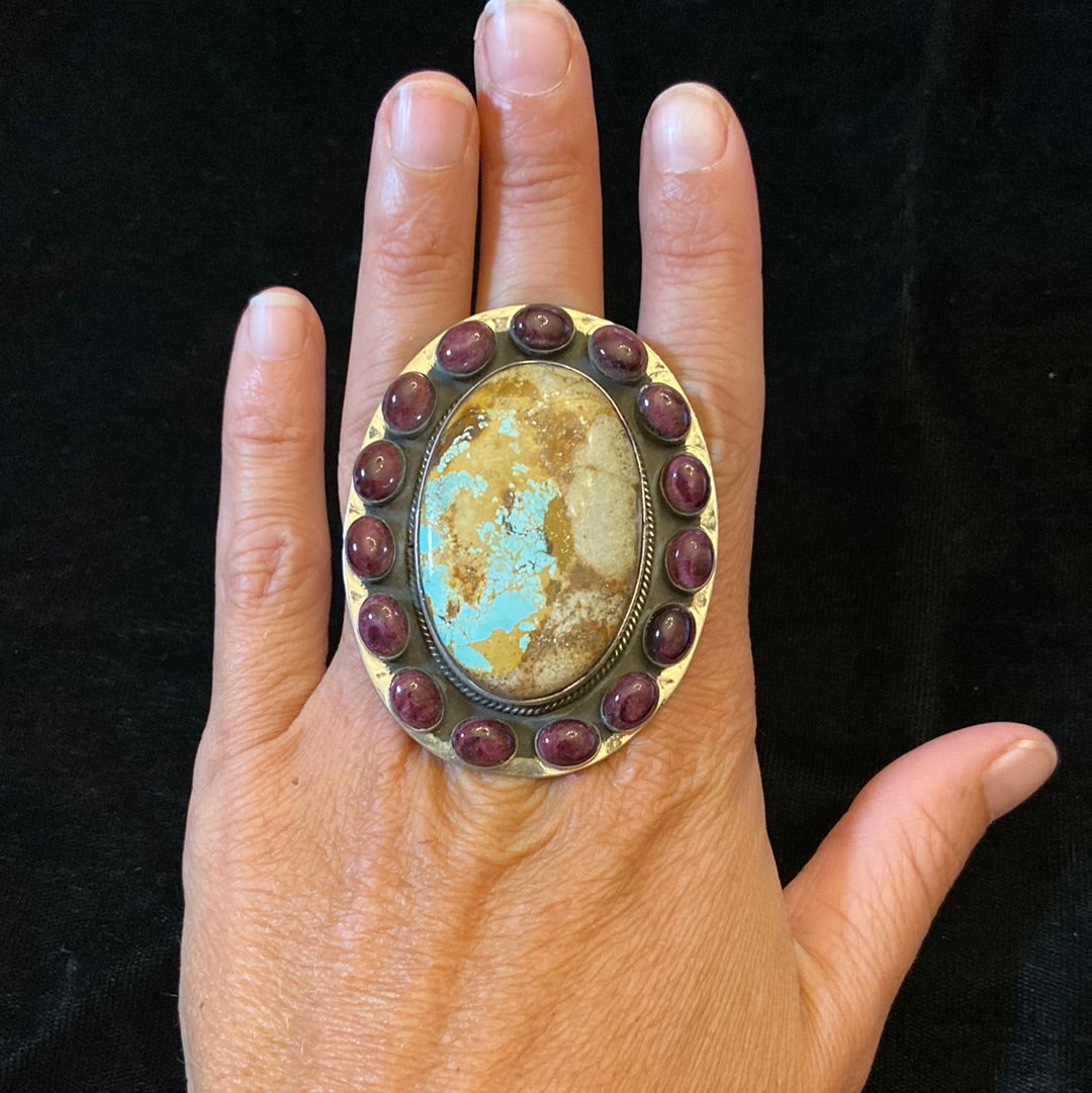 Boulder Turquoise & Spiny Oyster Ring size 7.0