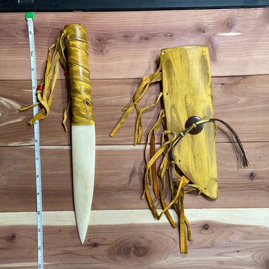 Native Bone Knife Beaded Handle with Leather Sheath 12" Long