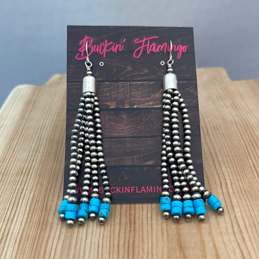 Navajo Pearls and Sleeping Beauty Turquoise Tassel Earrings