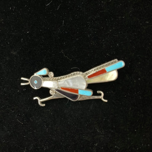 Mother of Pearl, Coral, Black Jet, and Sleeping Beauty Turquoise Inlay on a Roadrunner Pin/Brooch/Pendant
