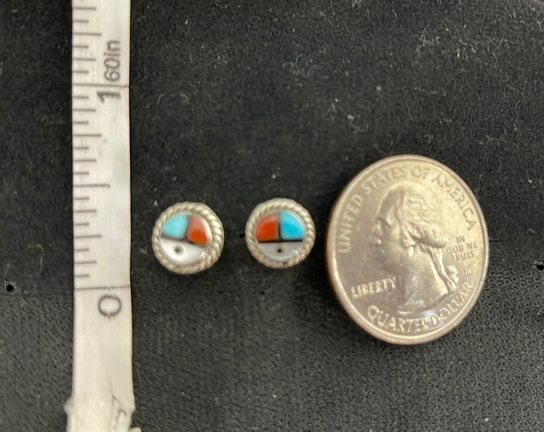Mother of Pearl, Coral, and Sleeping Beauty Turquoise Post Earring with Zuni Sun Face