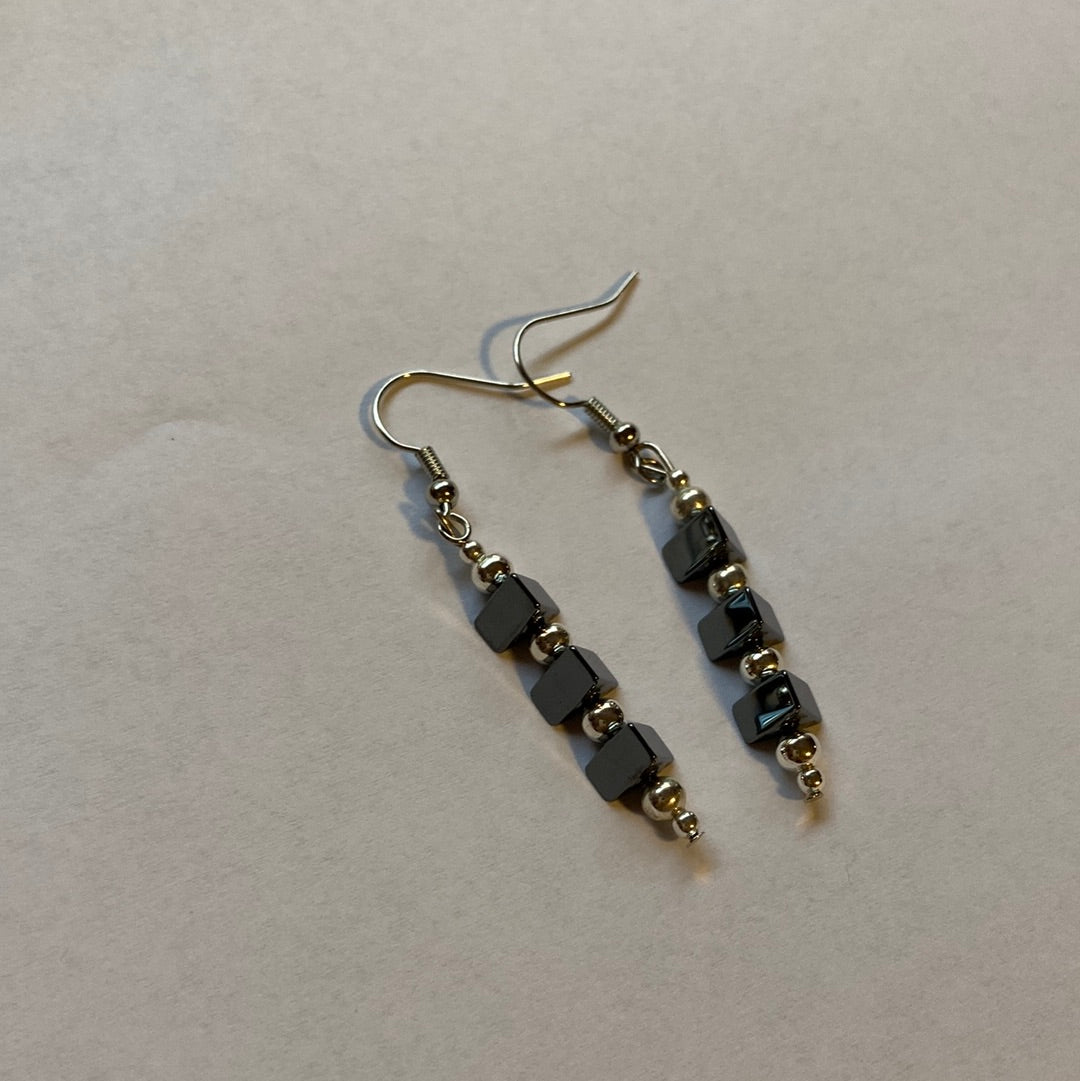 Hematite and Silver Beads on Hook Dangle Earrings