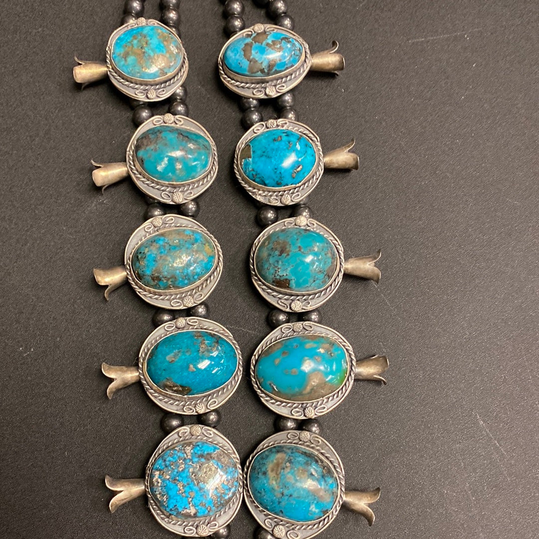 Huge Native American Kingman Turquoise squash blossom necklace by