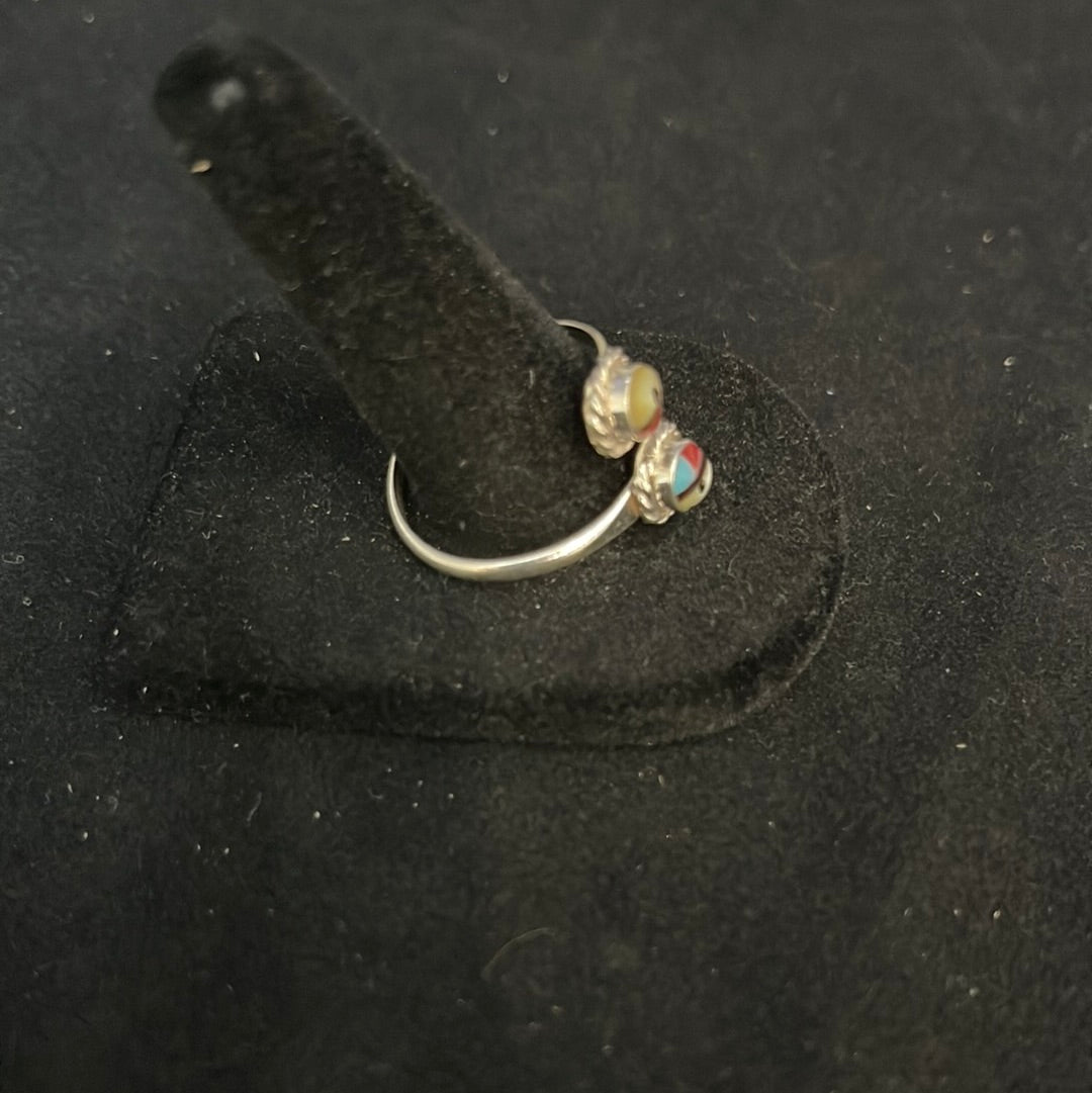 Mother of Pearl, Coral, and Turquoise Adjustable Ring with Zuni Face