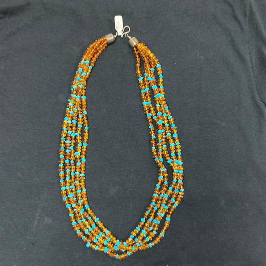 Native American made Amber and Turquoise necklace 28”