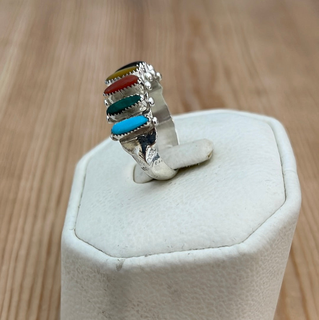 Size 7-Sleeping Beauty Turquoise, Malachite, Coral, Black Jet, Pink Shell, and Mother of Pearl Ring