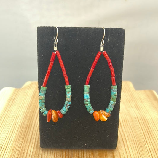 Coral, Spiny Oyster and Turquoise Heishi Dangle Earrings