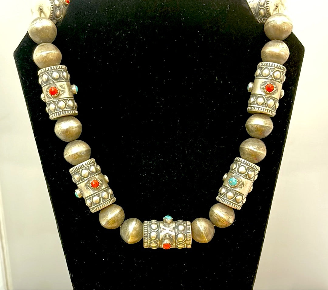 22" 19mm Turquoise & Coral Navajo Pearl Necklace by Shawn Cayatineto, Navajo