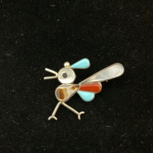 Mother of Pearl, Coral, Black Jet, and Sleeping Beauty Turquoise Inlay on a Roadrunner Pin/Brooch/Pendant