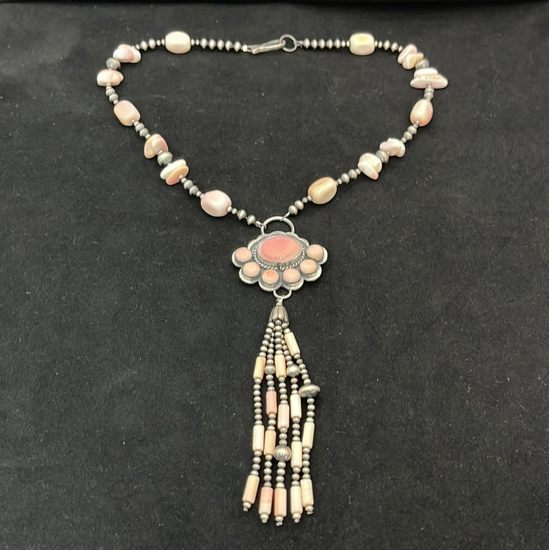 Pink Conch Shell Barrel, Chip, and Bar Bead 18" Necklace