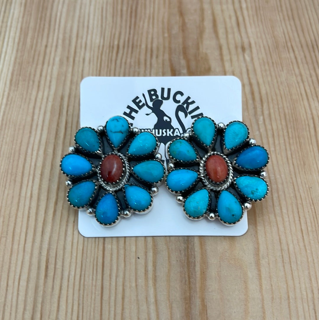 Kingman Turquoise and Spiny Oyster Cluster Earrings
