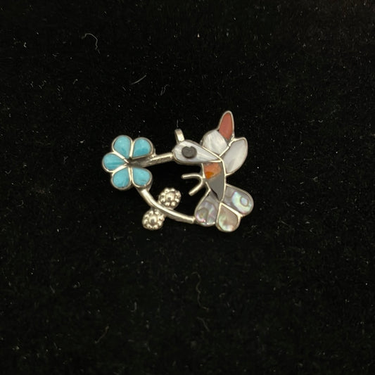 Mother of Pearl, Coral, Black Jet, and Sleeping Beauty Turquoise Inlay Hummingbird Pendant
