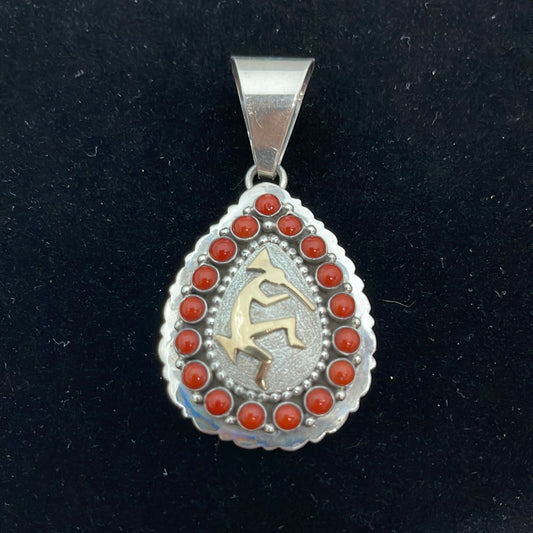 Cabochon Coral and 14k Kokopelli on a Sterling Sterling Silver Teardrop Pendant