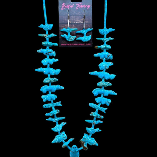 Vintage Blue Turquoise Hand Carved Fetish Necklace by Peter & Dinah Gasper