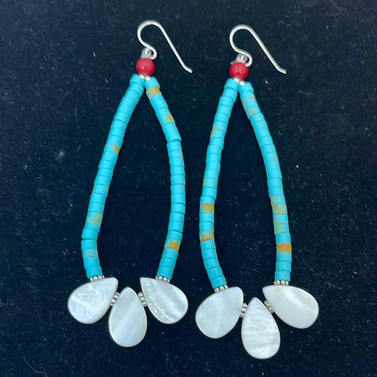 Turquoise Heishi Bead with Mother of Pearl Dangle Earrings