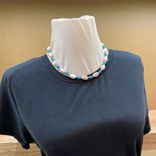 Pink Conch Shell Barrel Bead with Turquoise 18" Necklace