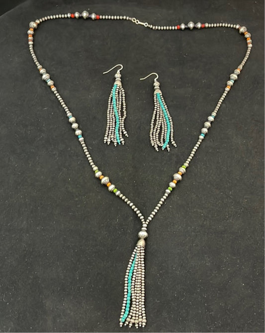 Navajo Pearl Tassel 36” Multi-Stone Necklace & Earring Set
