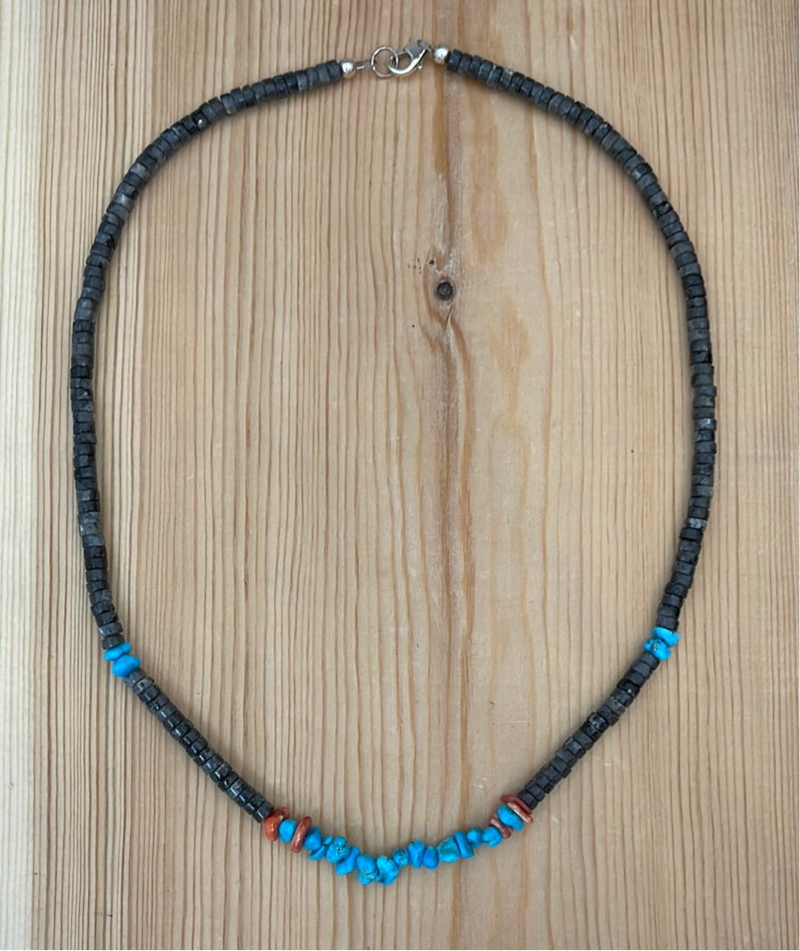 Sleeping Beauty Turquoise, Spiny Oyster, and Black Labradorite 18" Necklace