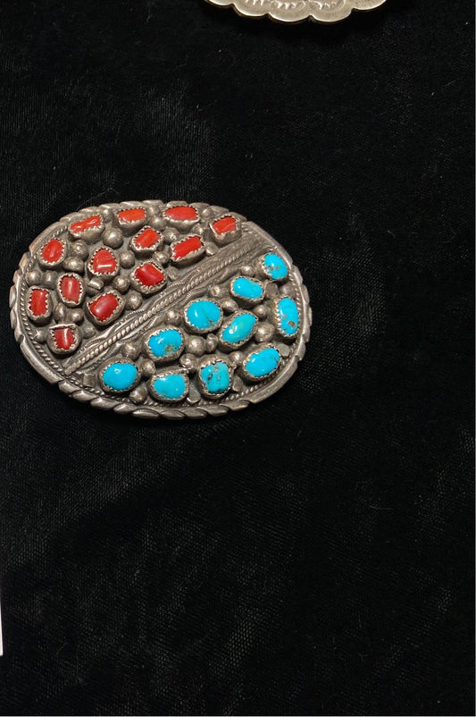 Sleeping Beauty Turquoise and Coral Belt Buckle