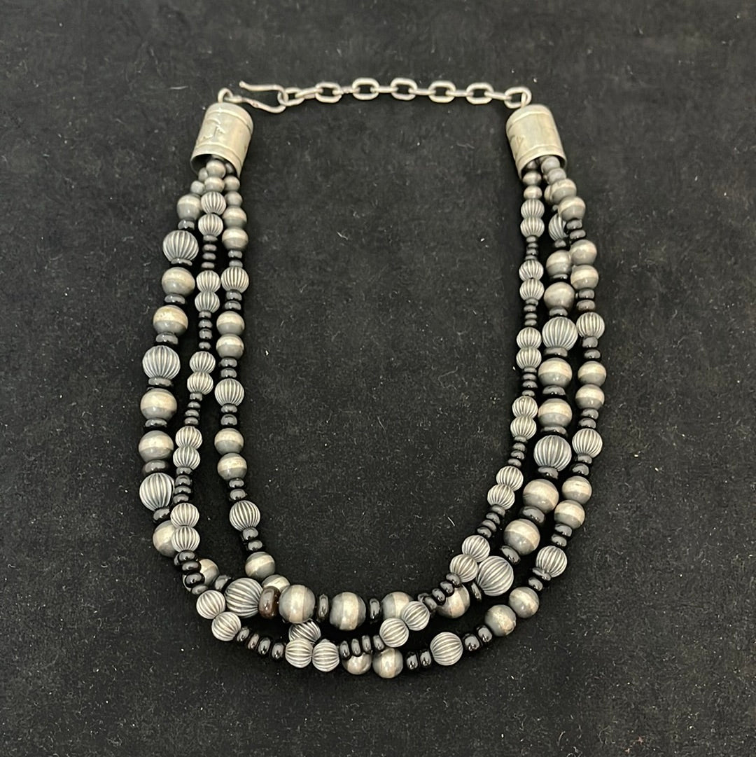 Navajo Pearl, Silver Beads and Black Onyx 16" Necklace