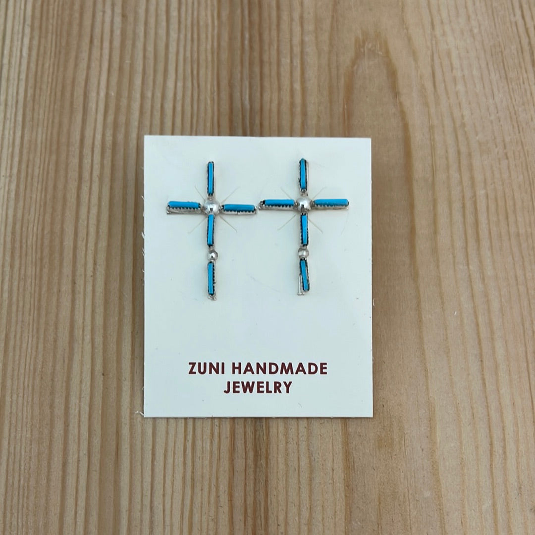 Zuni Needlepoint Sleeping Beauty Turquoise Cross Earrings