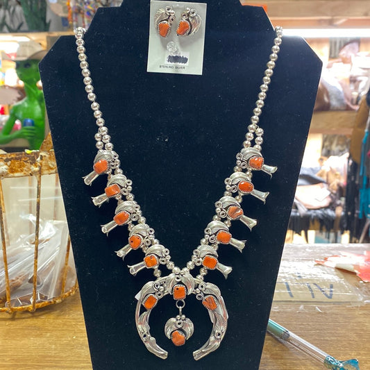 Red Coral Squash Blossom Necklace with Matching Earrings