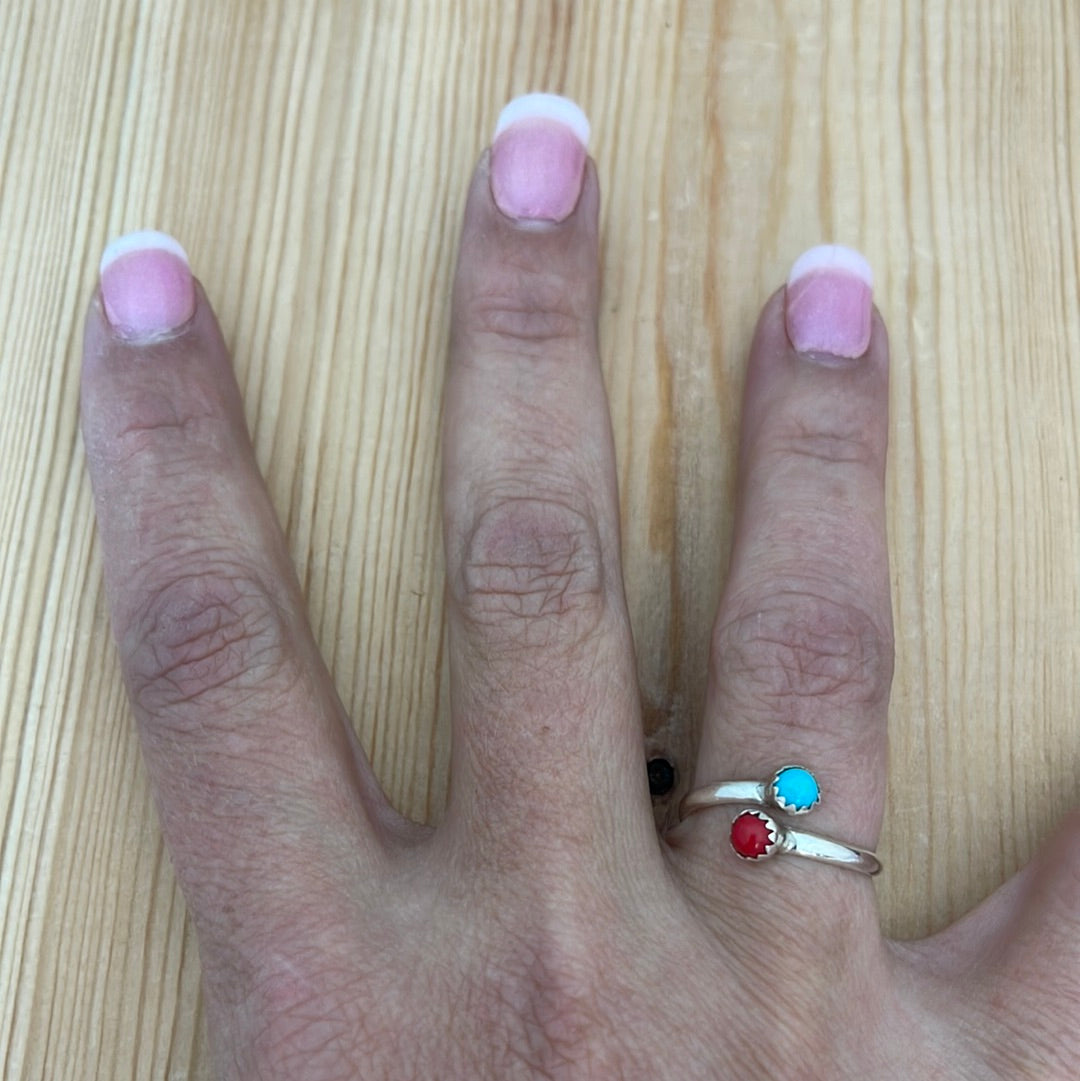 Adjustable Sleeping Beauty Turquoise & Coral Ring