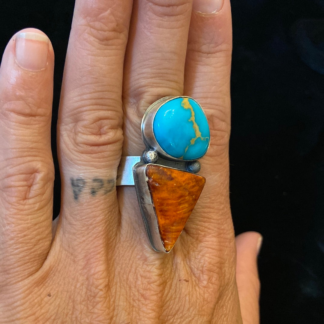 White Water Turquoise & Spiny Oyster Adjustable Ring