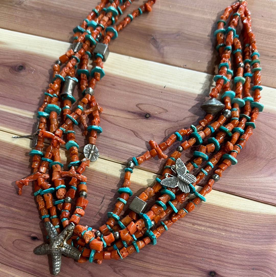 Vintage Coral and Turquoise Starfish Necklace