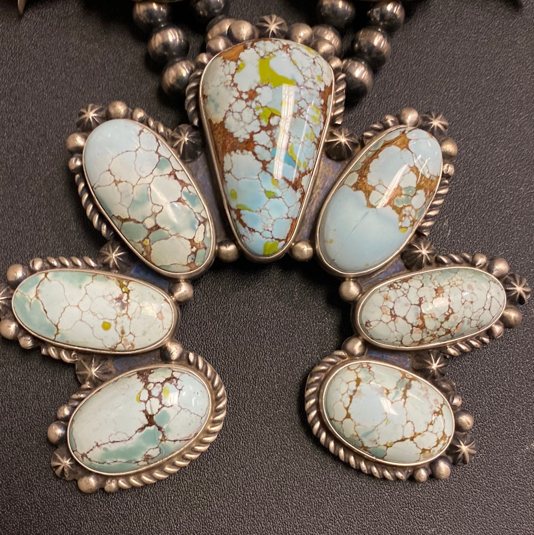 LOT 1 8/30 Native American made squash blossom by Maynard Garcia with Dry Creek turquoise