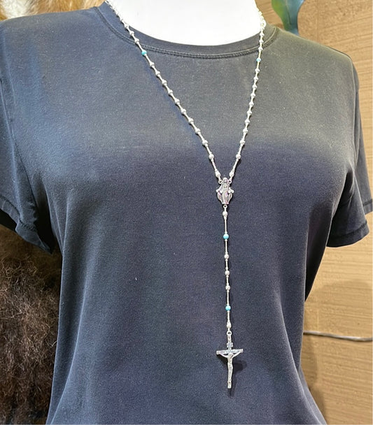 Sleeping Beauty Turquoise and Silver Rosary Necklace