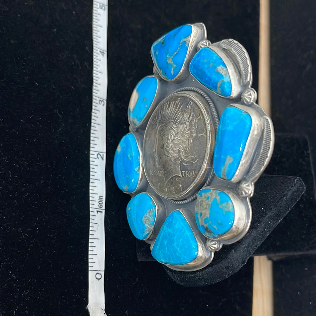1924 Silver Dollar Coin with Kingman Turquoise Adjustable Ring