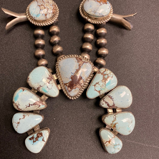 Golden hills turquoise Native American made squash blossom necklace by Damiah Cotten