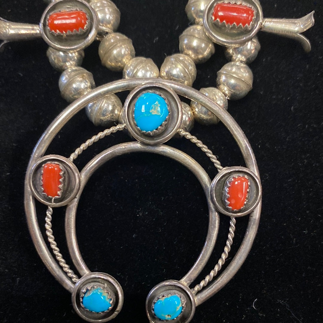 Native American made turquoise and coral squash blossom set